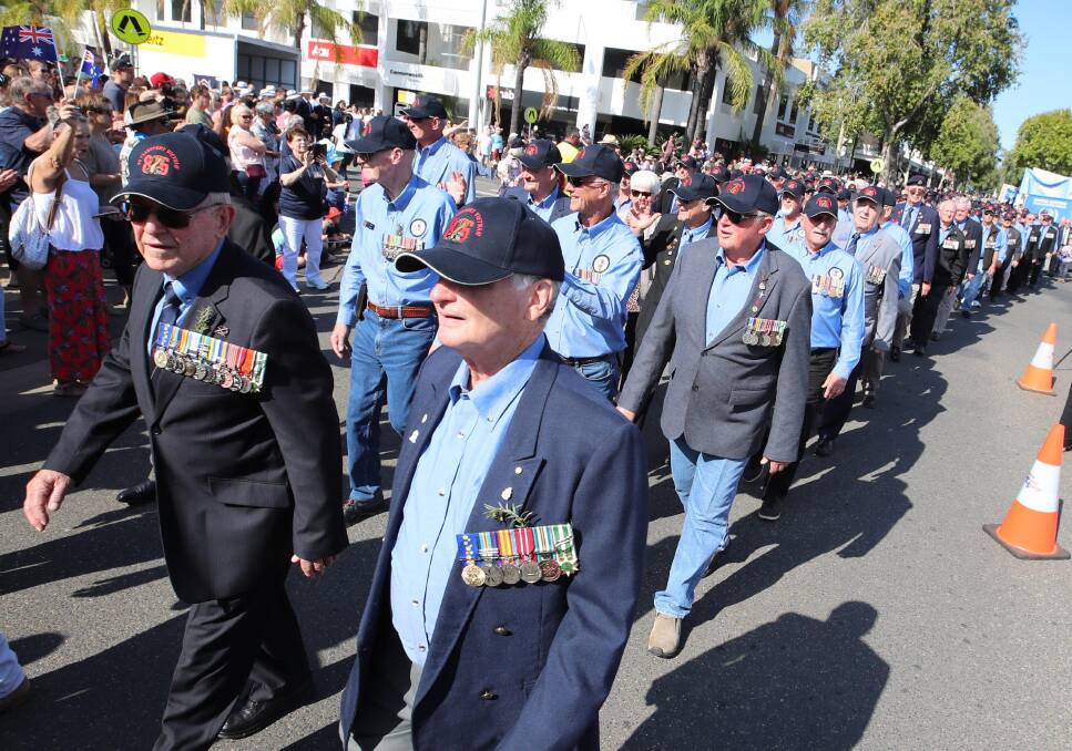 OFF AGAIN: Veterans march down Wagga's Baylis Street on Anzac Day in 2019. The march has been cancelled for 2021 but other commemorative events will go ahead.
