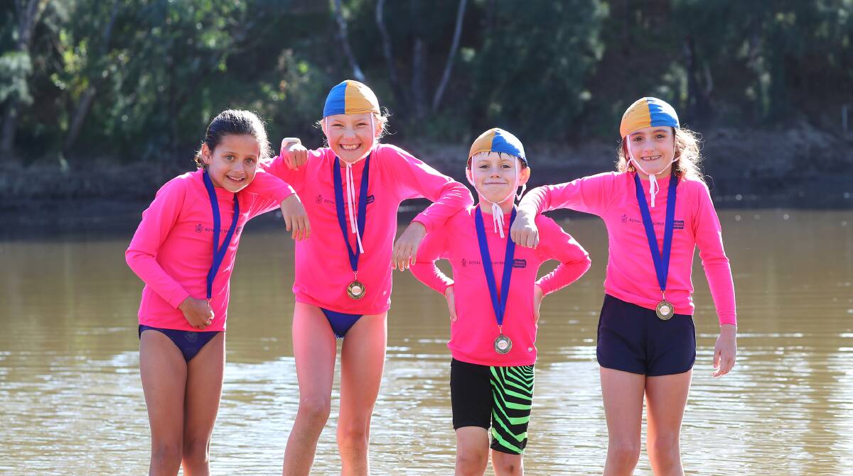 LIFESAVERS: Stella Matthews, 8 from Wagga, Tessa Lawson, 10 from Tumut, Grayson Kennedy, 8 from Wagga and Eleanor Kanck, 8 from Wagga complete the Outback Lifesaver course on Sunday. Picture: Emma Hillier