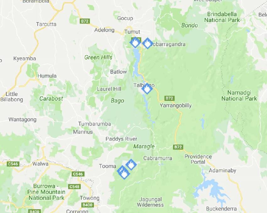 A Fires Near Me map of bushfires in the Snowy Valleys area on Friday.