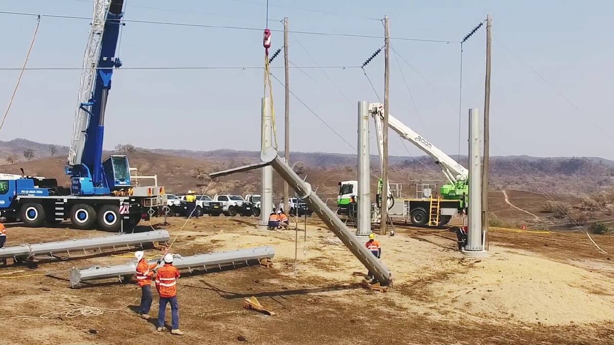 Construction for a high voltage transmission line similar to the proposed TransGrid EnergyConnect and Humelink projects around Wagga. Picture: TransGrid