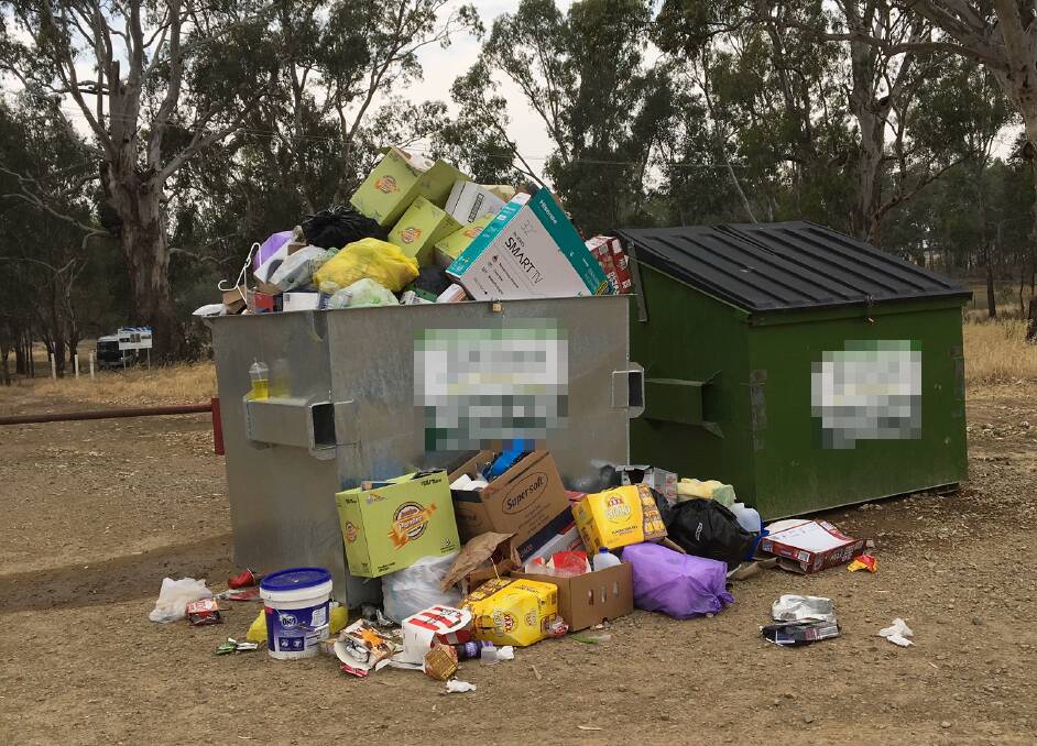 Overflowing bins at Wilks Park. Wagga City Council said it would take action against people dumping residential and commercial waste in visitor bins. Picture: Contributed
