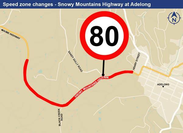 A NSW government map of a new 80 kilometre per hour zone on the Snowy Mountains Highway outside Adelong, running from Henry Street to roughly between the Black Creek Road and Back Sandy Gully Road intersections.