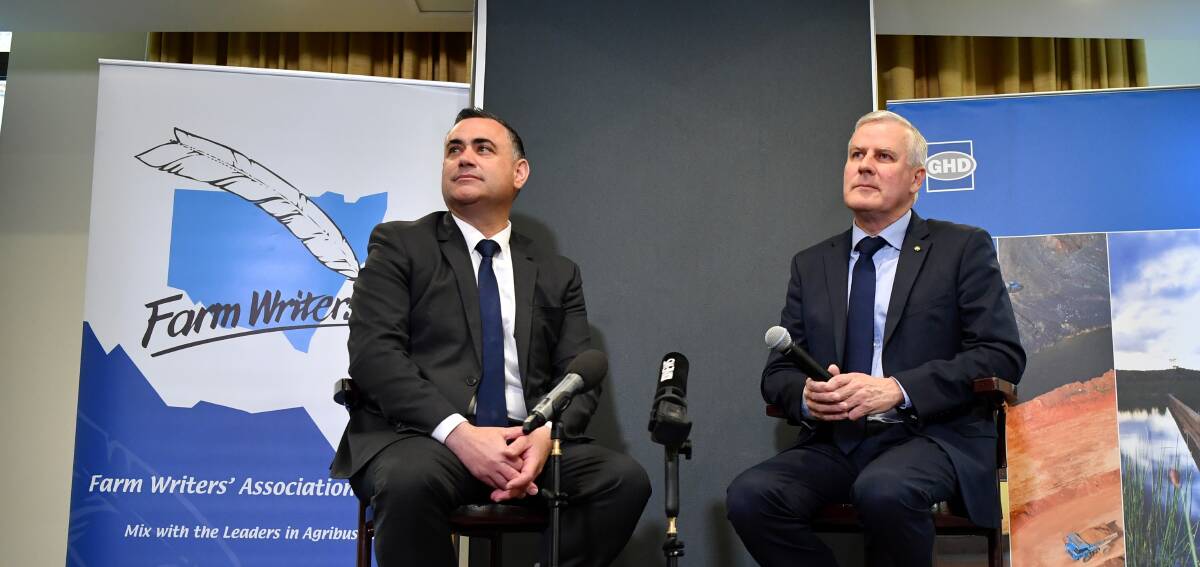NSW Deputy Premier John Barilaro (left) and Deputy Prime Minister Michael McCormack take questions during the Farm Writers Association of NSW lunch in Sydney on Thursday. AAP/Joel Carrett.