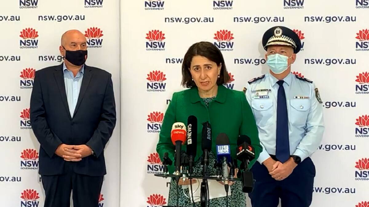 NSW Premier Gladys Berejiklian gives a COVID-19 update on Saturday morning after a new peak of new COVID-19 cases with 466 COVID-19 cases. Picture: Facebook/Gladys Berejiklian.