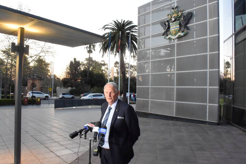 AGENDA: Wagga City Councillor Greg Conkey holds a press conference after being re-elelcted as mayor on Monday night. Picture: REX MARTINICH