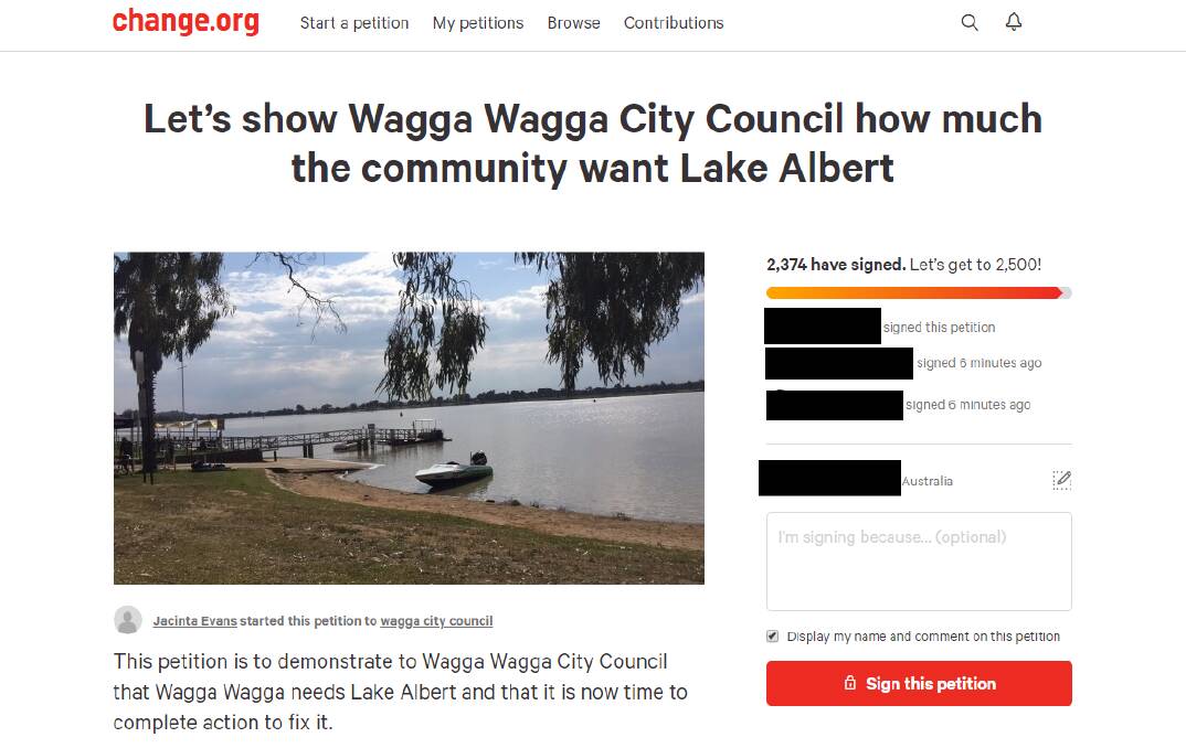 The change.org petition for Wagga City Council to take action over water levels at Lake Albert.