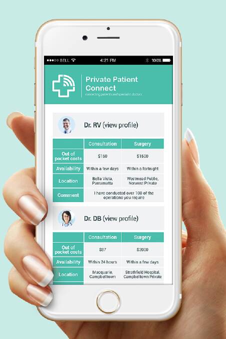 A mock-up of Private Patient Connect smartphone website that is designed to match patients with medical specialists.