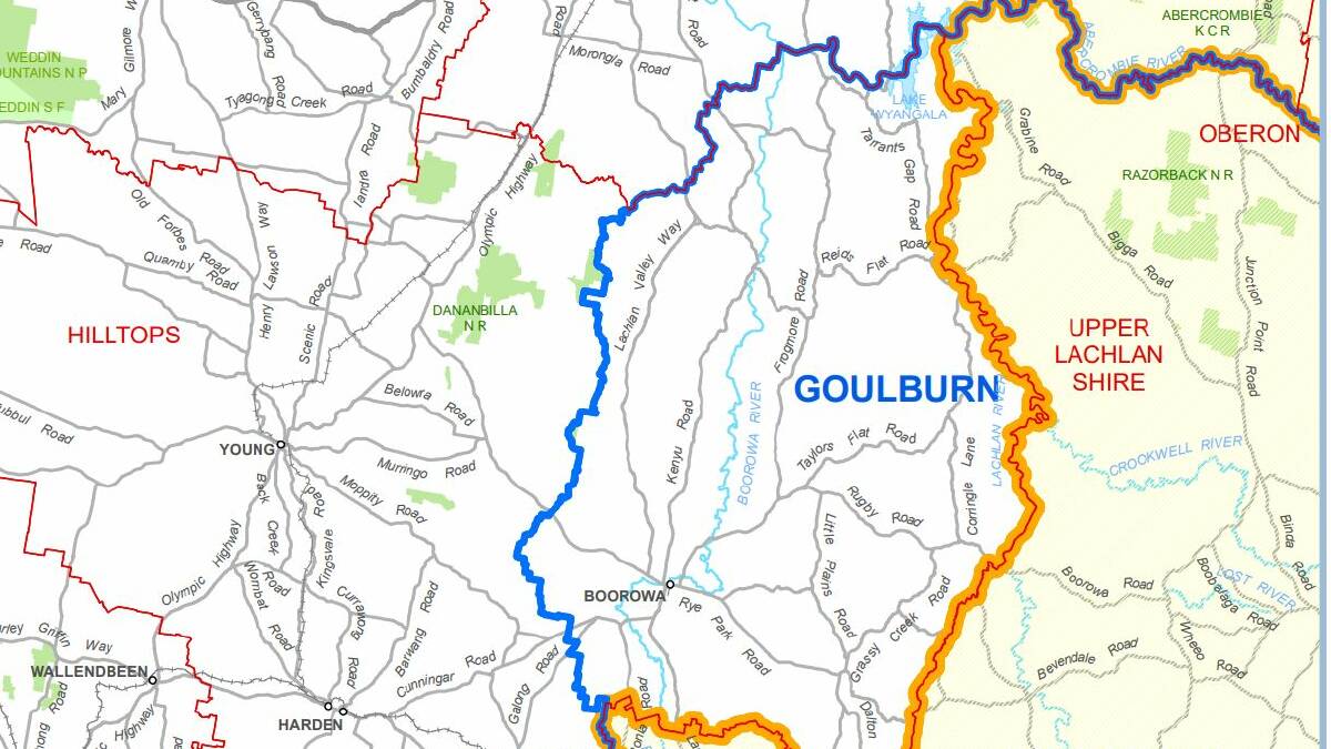 The NSW Electoral Commission's proposed change to the Cootamundra electorate boundary between Young and Harden and Boorowa, with the current boundary in blue and the draft boundary in yellow.