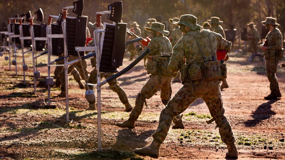 Army recruits in bayonet training during an Australian Defence Force promotional video. Picture: Defence