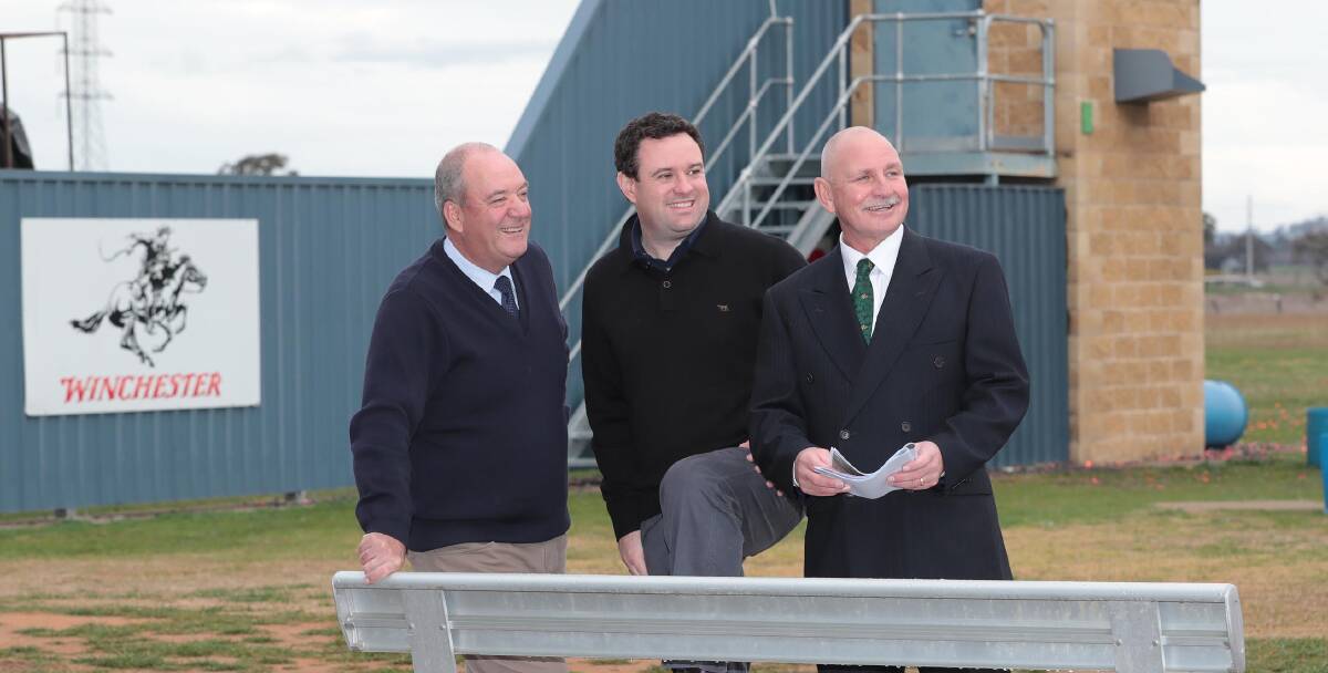 Then Wagga MP Daryl Maguire, NSW Minister for Sport Stuart Ayres and ACTA executive officer Tony Turner at the future site of The Range Clay Target function centre in Wagga in 2017.