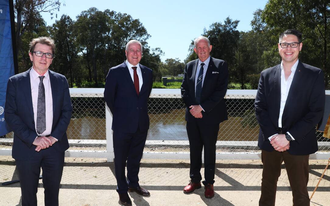 LEADERS: Riverina MP Michael McCormack pictured with Wagga MP Joe McGirr, mayor Greg Conkey and MLC Wes Fang at the city's flood levee opening last year. The Riverina's leaders have said Mr McCormack will leave a lasting legacy as Deputy PM.