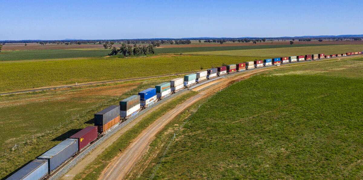 A double-stacked freight train at on the upgraded Inland Rail line at Parkes. Picture: ARTC