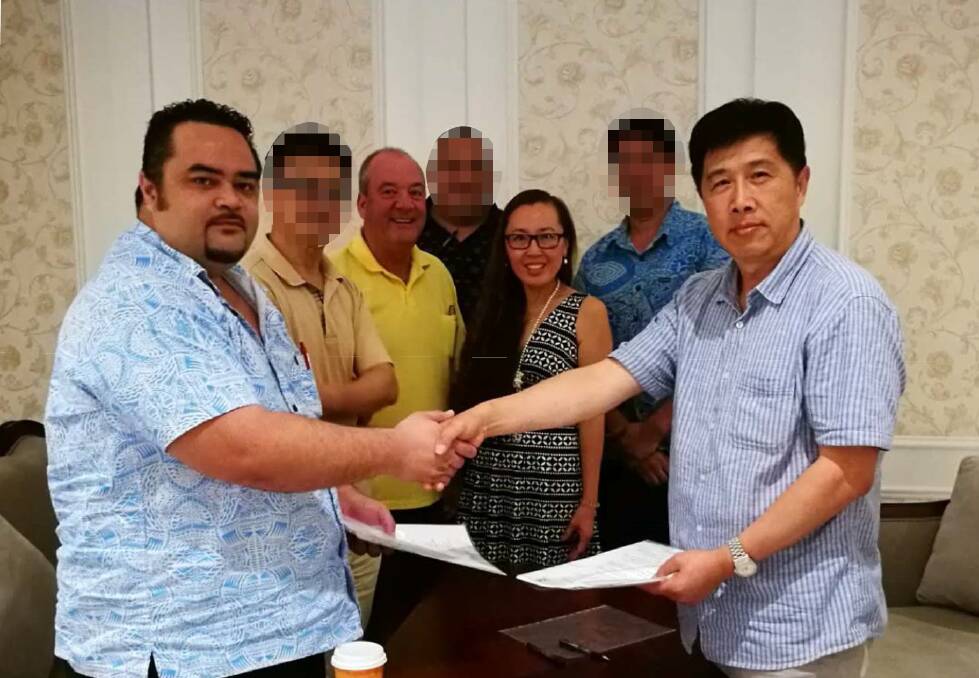 INVEST: Samoa Chamber of Commerce and Industry CEO Hobart Vaai (front, left) at an MOU ceremony with Ho Yuen Li (front right), then-Wagga MP Daryl Maguire (rear left) and his associate Maggie Wang (rear right). Picture: ICAC