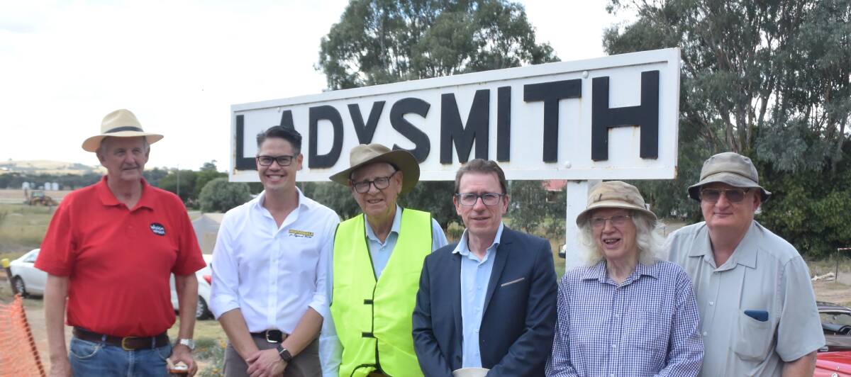 Wagga mayor Greg Conkey, MLC Wes Fang, Ladysmith Tourist Railway treasurer Wally Bell, Wagga MP Joe McGirr, Ladysmith Tourist Railway president Richard Goodman and Peter Neve OAM at the centenary of the Wagga to Tumbarumba Railway at Ladysmith Station on Saturday. Picture: Rex Martinich 