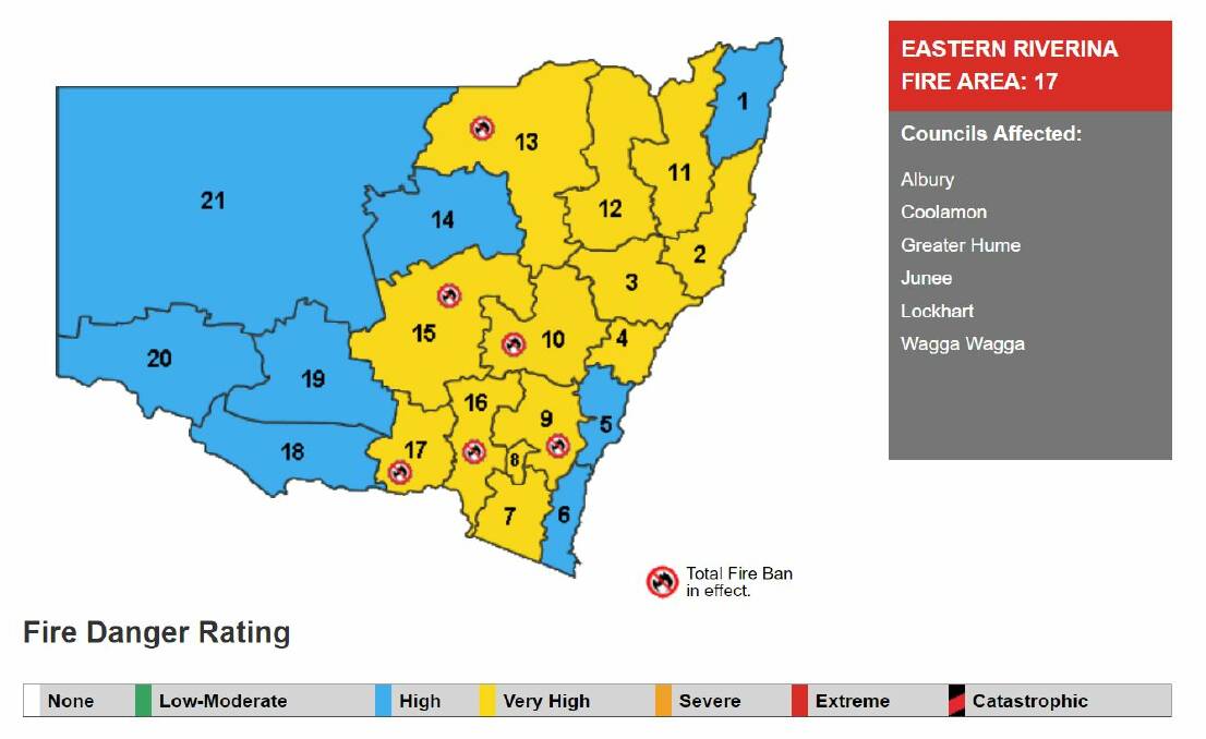 Rural Fire Service map of fire danger ratings and Total Fire Ban areas for January 17. 