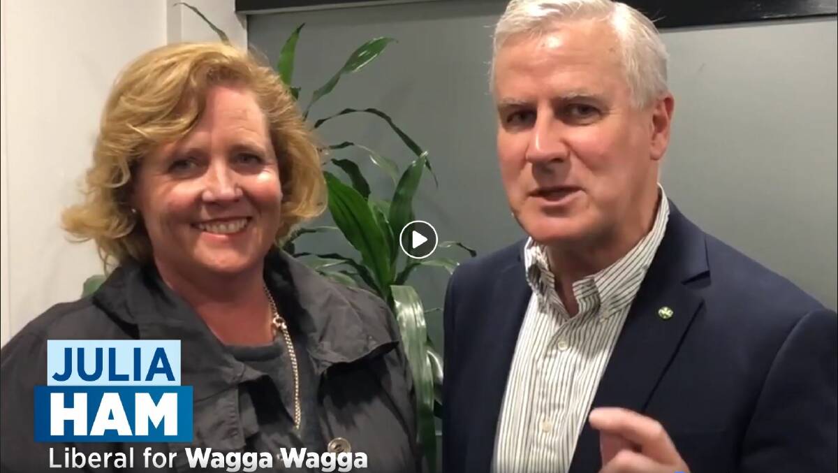 Riverina Nationals MP and Deputy Prime Minister Michael McCormack appears in a Facebook video with Liberal candidate Julia Ham to endorse her run for Wagga. 