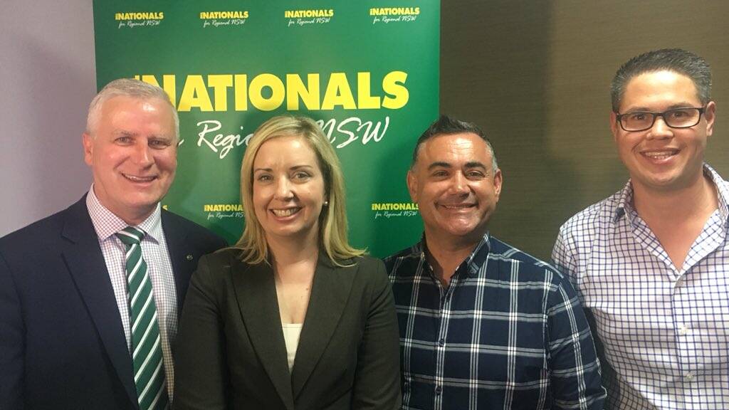 Nationals candidate for Wagga Mackenna Powell (centre left) with Riverina MP Michael McCormack, NSW Deputy Premier John Barilaro and Nationals MP Wes Fang. Picture: twitter/John Barilaro