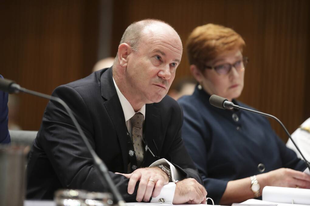 Department of Defence Secretary Greg Moriarty and Defence Minister Marise Payne during a Senate estimates hearing at Parliament House in Canberra. Photo: Alex Ellinghausen