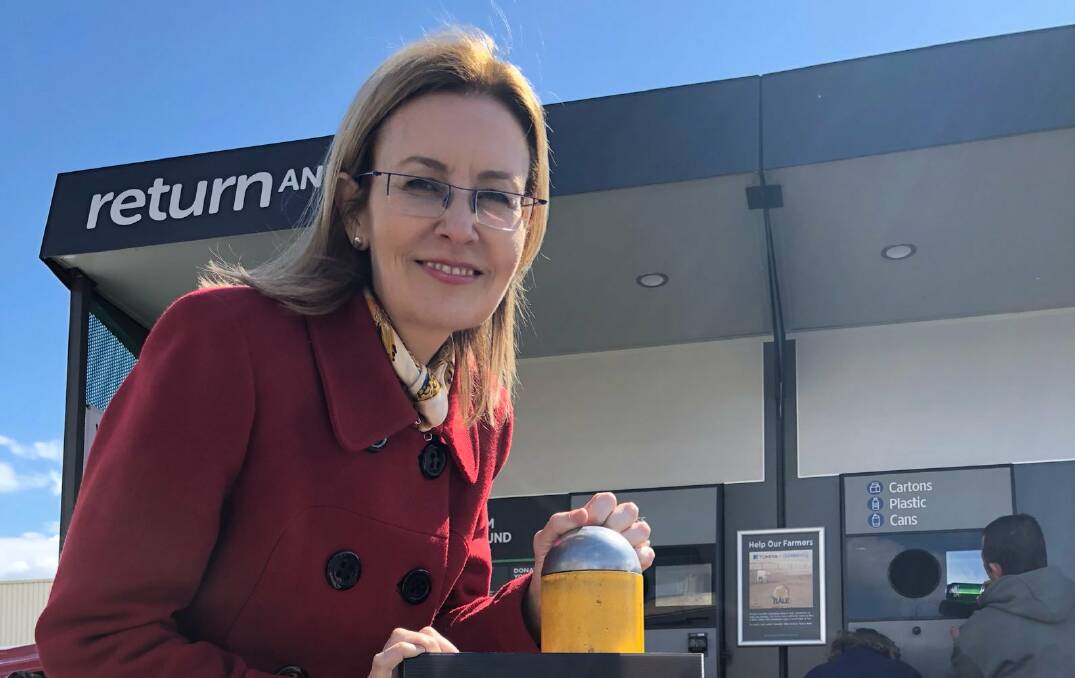 NOT RUNNING: NSW Environment Minister Gabrielle Upton, whose office is responsibile for air conditioning rebates, visits Wagga North's Return and Earn collection point during the September byelection campaign.