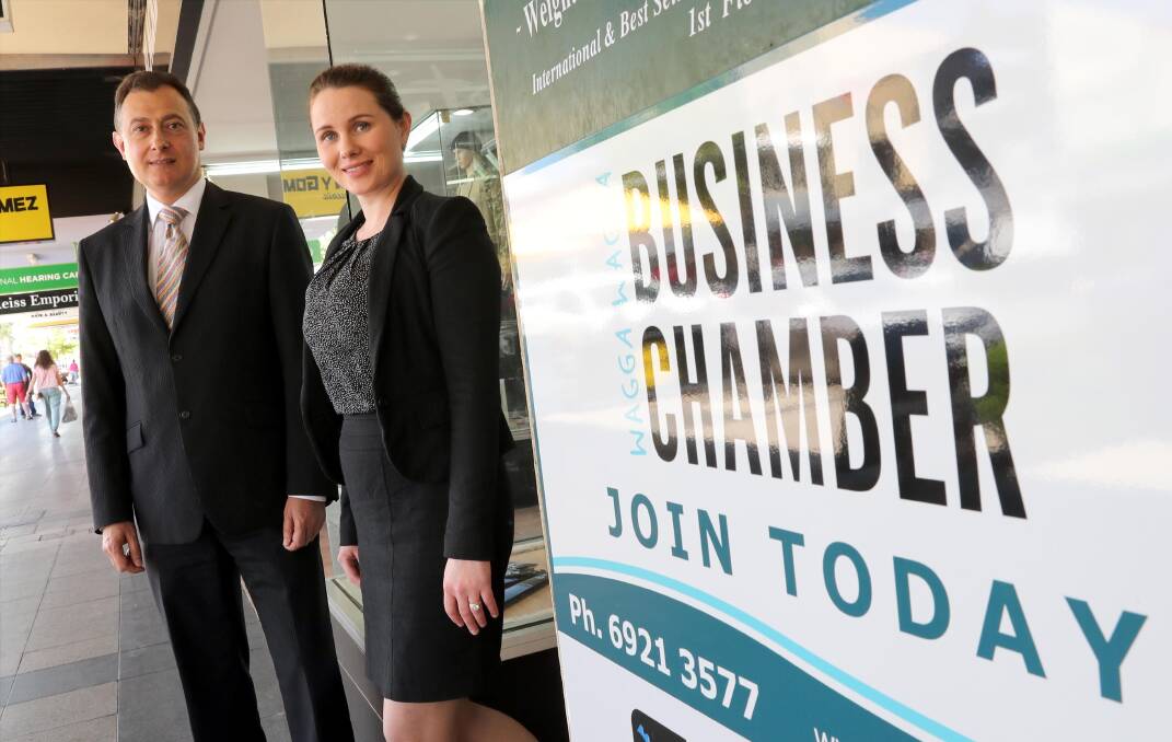 BOOSTING NUMBERS: Danielle Pascoe, Wagga Business Chamber president, with board member Daniel Donebus look to boost membership 