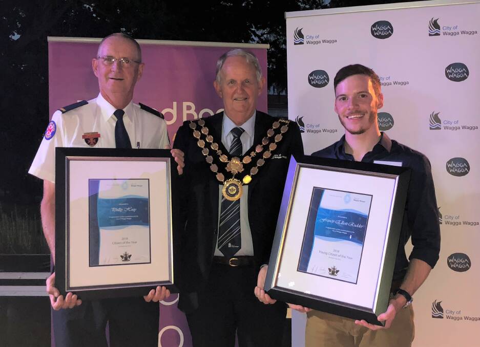 HONOURS: 2018 Citizen of the Year Phil Hoey with Wagga mayor Greg Conkey and 2018 Young Citizen of the Year Francis Elliott-Rudder at the 2018 Australia Day Awards. 
