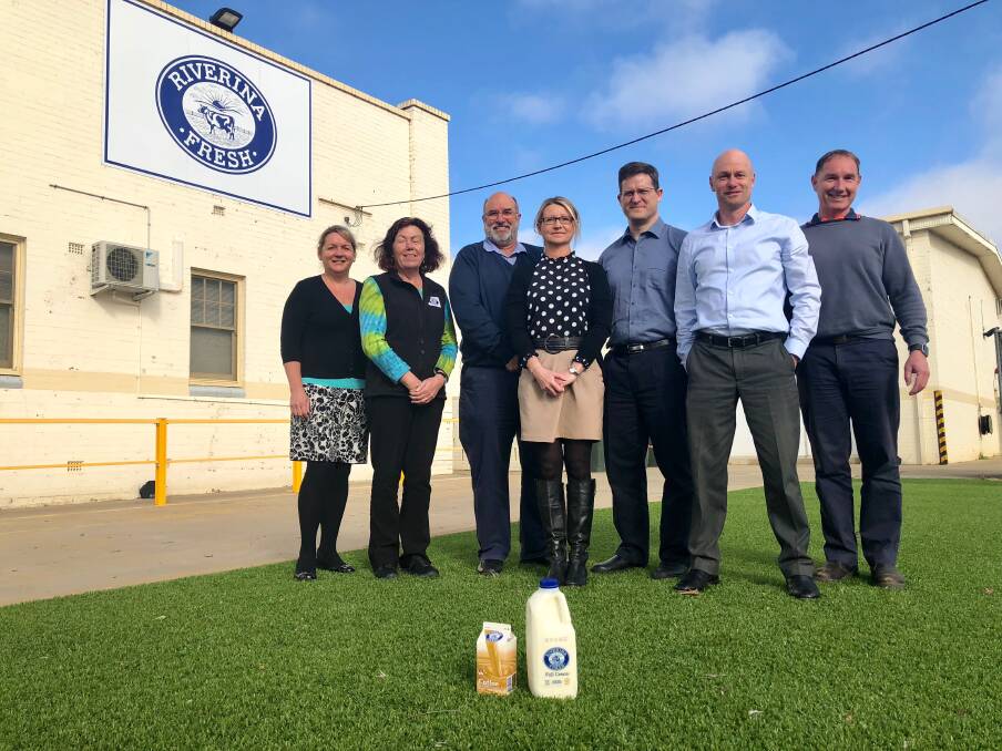 APPRECIATIVE: Riverina Fresh CEO Robert Collier (second from right) and the team say the supply of their milk to State Parliament was a show of support for local farmers during the current drought crisis. Picture: Toby Vue 