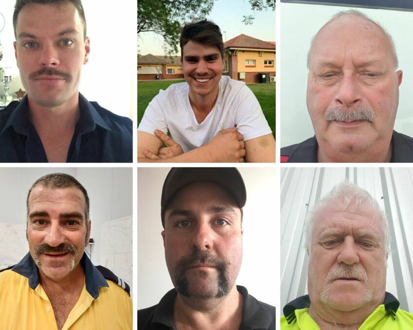 The Rock Fire Brigade and SES members ready to shave. Pictures: Supplied