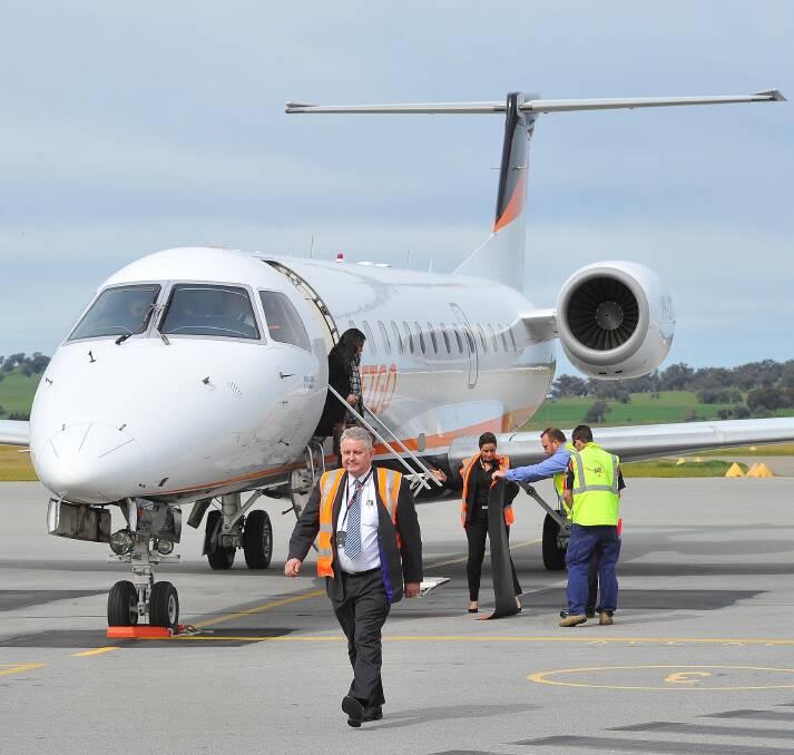 END OF SERVICE: JetGo's managing director Paul Bredereck steps off the plane at Wagga Airport in 2016.