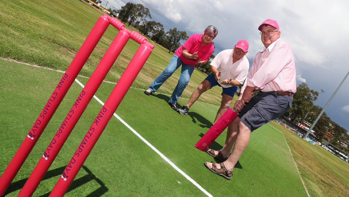 HIT FOR SIX: Wagga Pink Stumps Day committee members Jill Tucker, Warren Smith and Colin Firman at Mark Taylor Oval. Picture: Emma Hillier