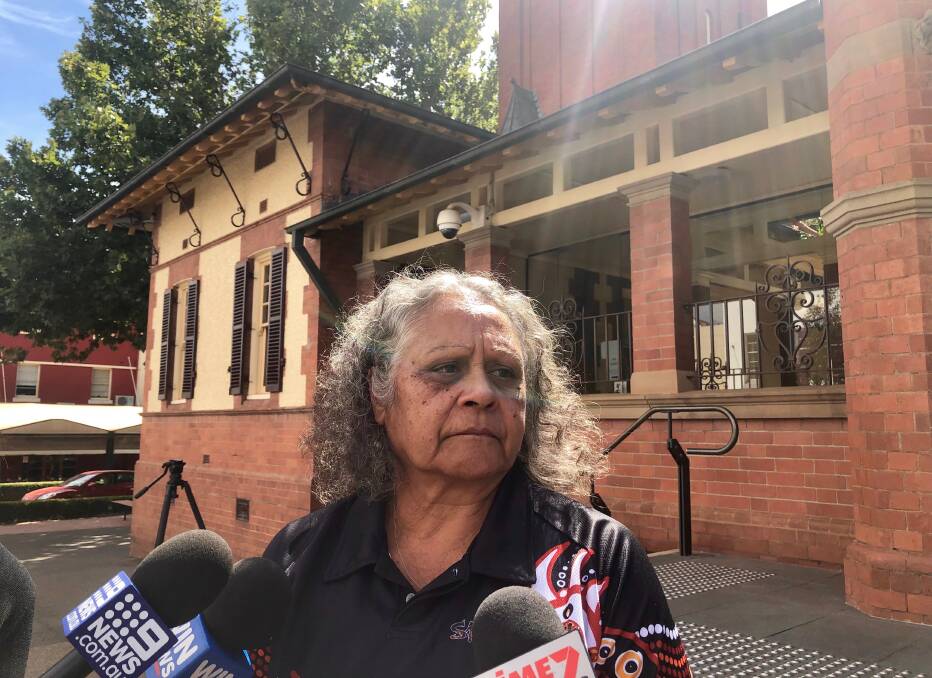 Aunty Sue Bugler, the cousin of Sharon Williams, mother of Naomi, speaks to the media outside Wagga Courthouse on Thursday.