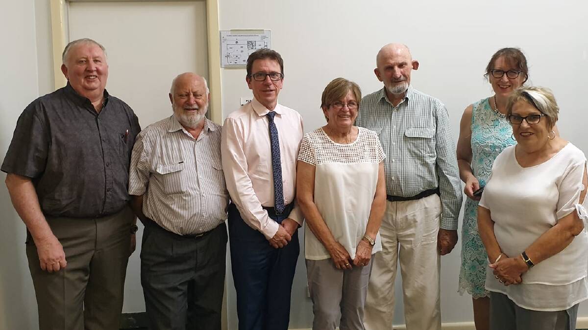 Tumut Community Association members Colin Locke, Rod Blundell, Susan Post, Geoff Pritchard, Christine Webb and Dorothy Mulvihill with Wagga MP Dr Joe McGirr at the association's AGM this year. Picture: Supplied