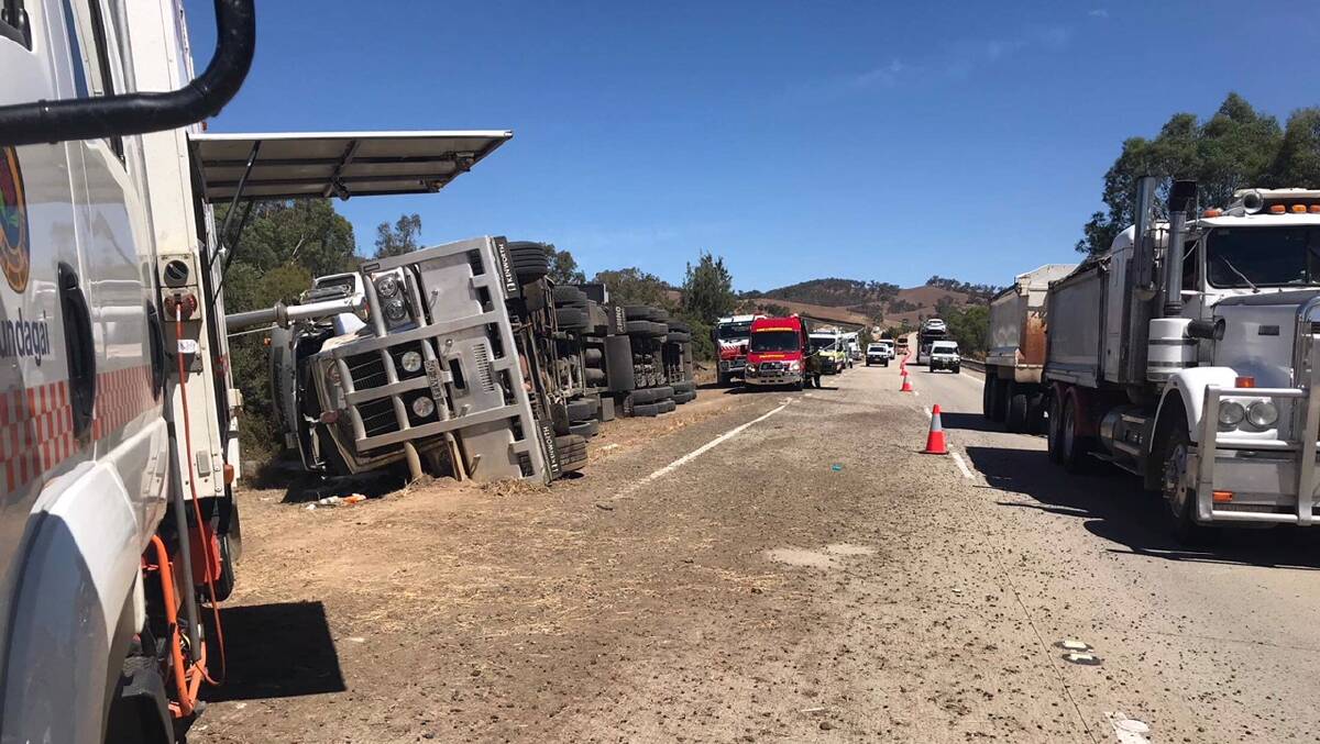 DAMAGED: Cattle truck rolled over on the Hume Highway on February 11. Picture: Jessica McLaughlin 
