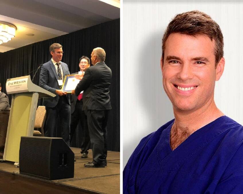 HEALTH LEADER: Sydney Eye Hospital’s Dr Gregory Moloney presented with the Troutman Cornea Prize by Dr Doug Lazzaro (American Board of Opthalmologists) in Chicago on October 26 this year. Picture: Supplied