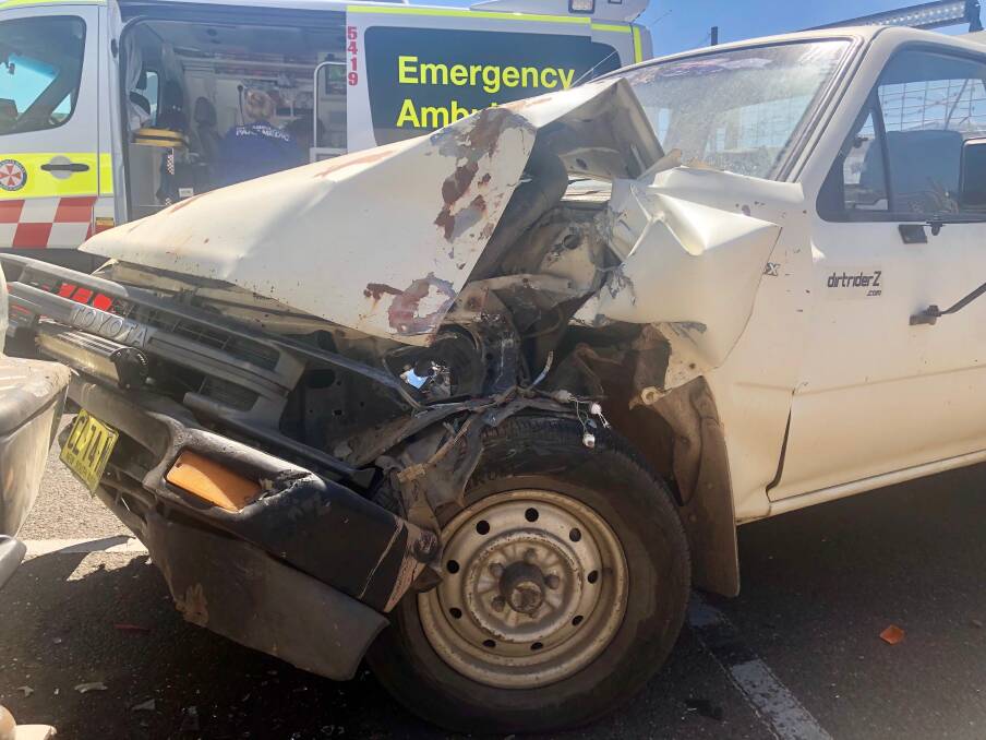 DAMAGED: The aftermath of the white utility involved in a crash on Morgan Street, Wagga. Picture: Toby Vue