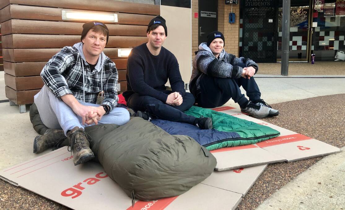 AWARENESS: Three of the 67 participants at Vinnies' Sleepout at CSU. The initiative raises awareness about homelessness and funds to help those in need. Picture: Toby Vue