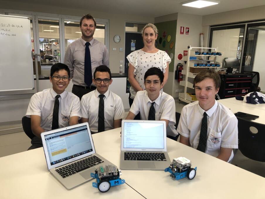 FUTURE LOOKS BRIGHT: Isaac Mannion (STEM teacher at TRAC) and Siobhain Howard (CSU) with TRAC students Inigo Bardos, Mina Girgis, Andrew McDermott and Hugo Currie. Picture: Toby Vue