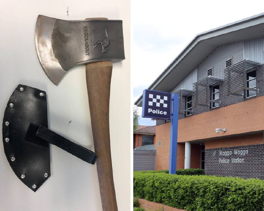 IN POSSESSION: The axe and black leather cover in police possession. Picture: Riverina Police District