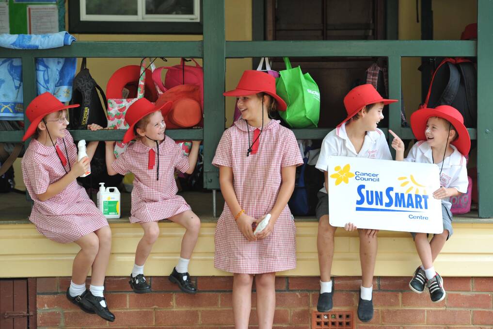 CLOSURE: Former Collingullie Public School students take part in Cancer Council's Sunsmart program in 2012 - Pictured is Grace Goldthorpe, Caitlyn Harvey, Gerry-Lea Riddle, Coby Jackson and Logan Burkinshaw.  