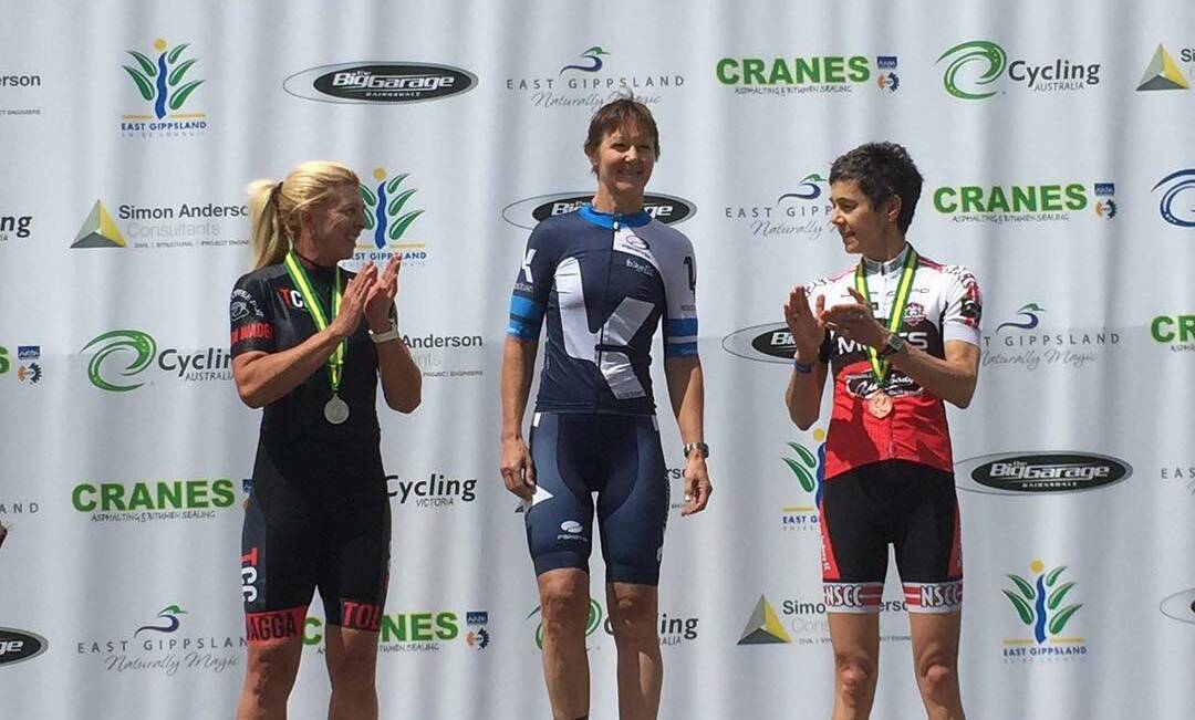 SILVER SENSATION: Wagga cyclist Kylie Johnston (left) on the podium at the Masters Road National Championships. Picture: Tolland Cycling Club
