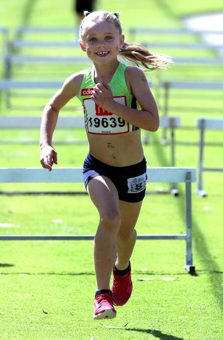 STORMING HOME: Shayla Lander from Kooringal-Wagga surges during the 8 years girls 60m hurdles at Kooringal-Wagga Athletics Club's 40th anniversary meet. Picture: Les Smith