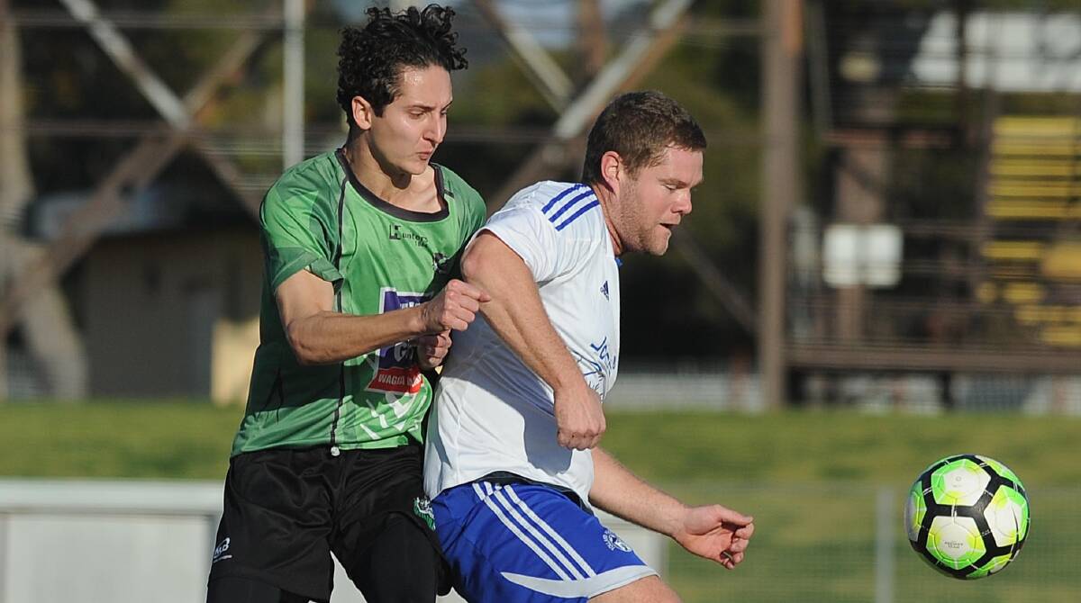 BIG PLAY: Will Carey (left) scored a crucial goal for South Wagga against Wagga United on Saturday. 