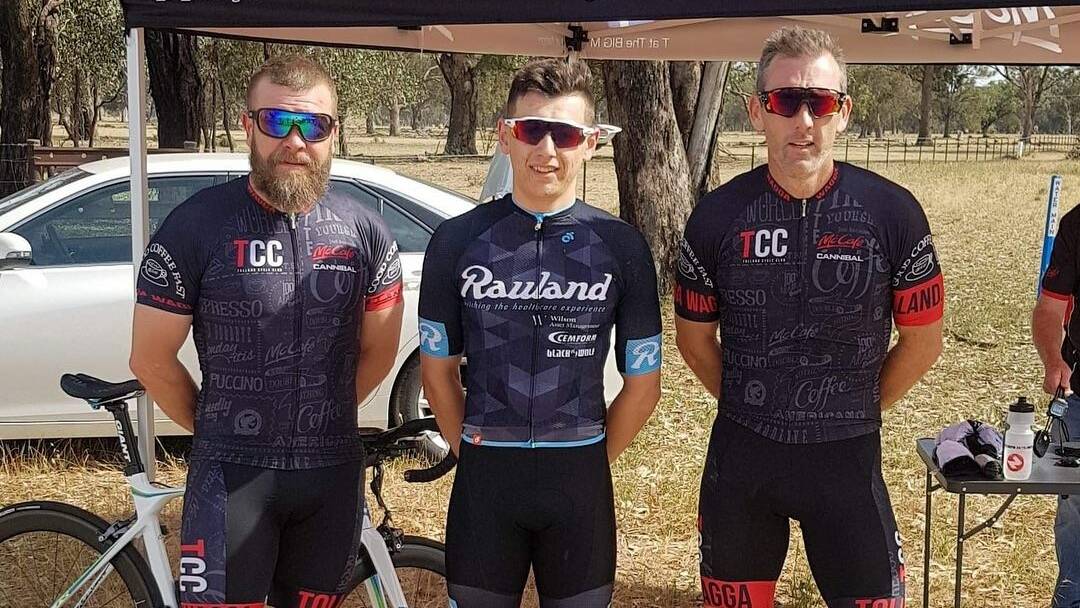 FAST FINISH: Dan Addison (third), Myles Stewart (first) and Will Silver (second) after the Uranquinty handicap. Picture: Contributed