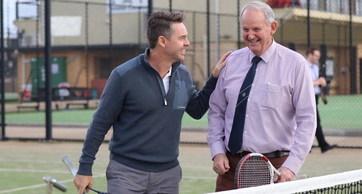 DOUBLE UP: 22-time Grand Slam winner Todd Woodbridge shares a laugh with mayor Greg Conkey at the launch of 'Book a Court' in Wagga. Picture: Les Smith