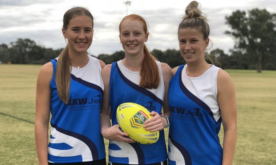 NATIONAL PROSPECTS: AKW Jets team mates Rhiannon Podmore, Sophie Crouch, and Vienna Randal, are vying for Australian selection. 