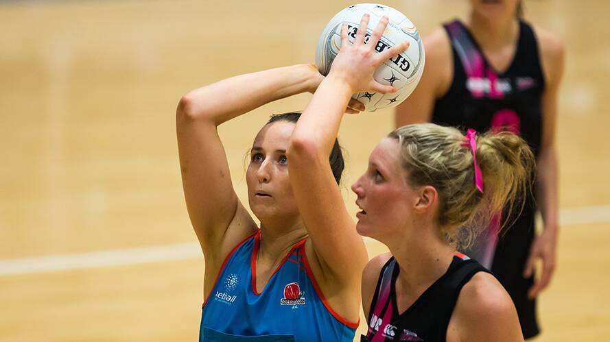 TOP SHOT: Alison Miller (left) in action for NSW Waratahs during the Australian National League. Picture: NSW Netball