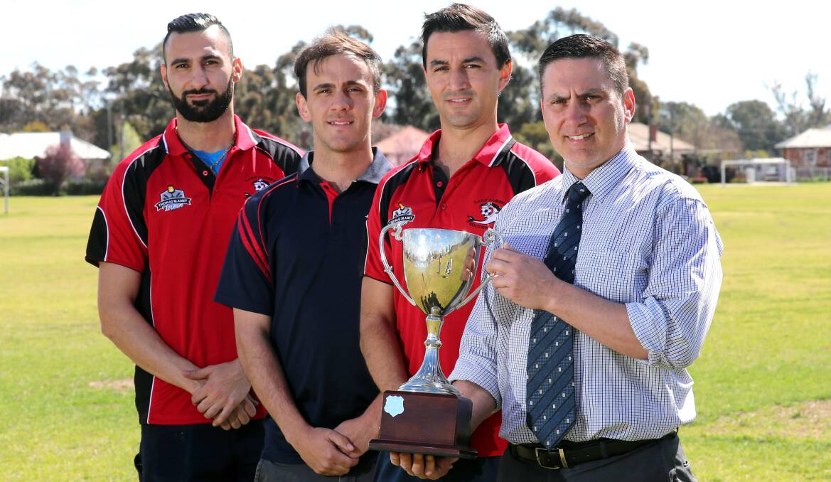 PASCOE PRIZE: Lake Albert co-captain Fred Gardner, Young Lions captain Brad Galvin, Lake Albert co-captain Ben Angel, and Football Wagga operations manager David Merlino ahead of the grand final. Picture: Les Smith