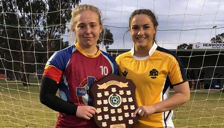 GUESS WHO'S BACK: Mater Dei captain Brooke Gayler with her Kooringal counterpart Jen Woodbury ahead Wednesday night's Shipard Shield grand final.