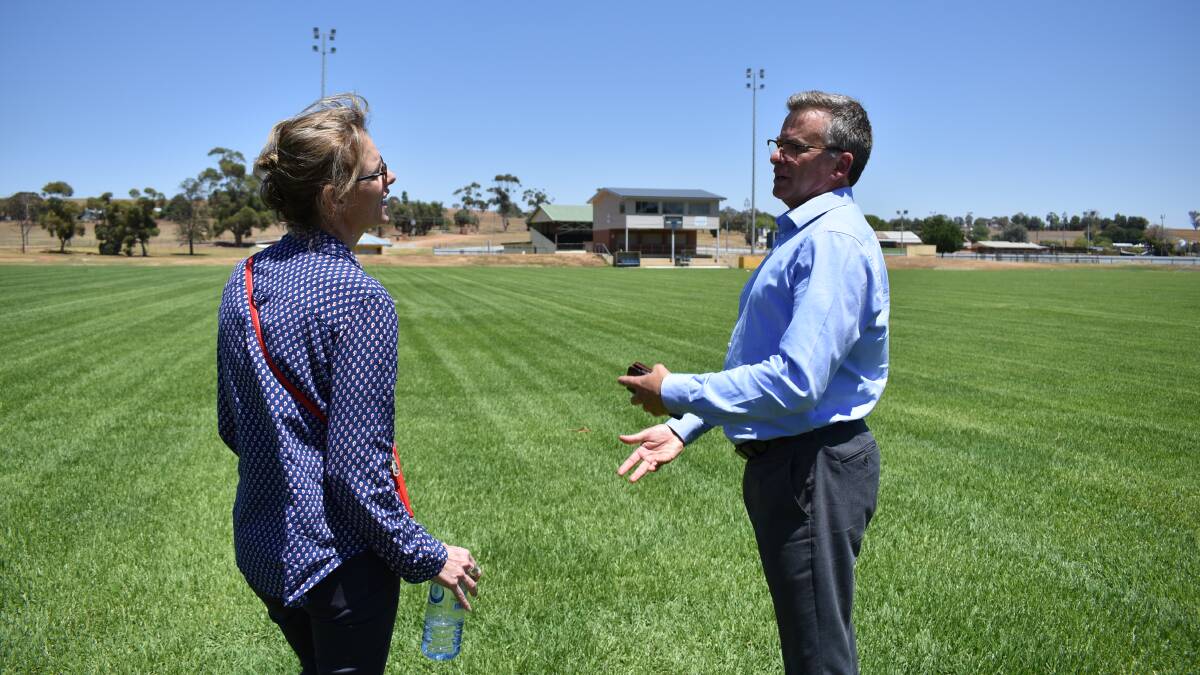 PROGESS: Member for Cootamundra Steph Cooke with Junee Shire Council general manager James Davis inspecting progress at Laurie Daley Oval. 