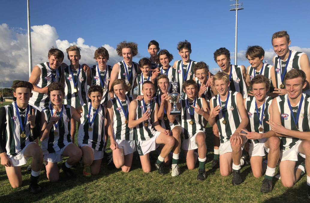 BACK TO BACK: The Riverina Anglican College celebrate their Currie Cup win after downing Mater Dei by 53 points. Picture: Lachlan Grey