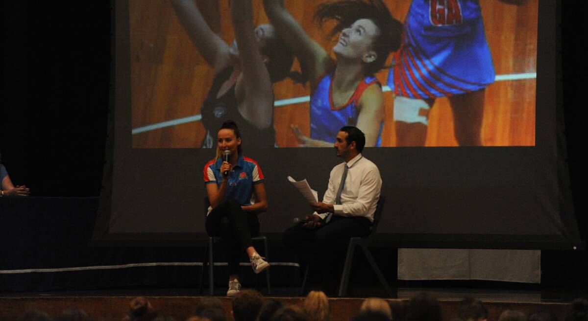 ON THE SPOT: Miller shares anecdotes during Wagga High School's sports presentation day. Picture: Lachlan Grey